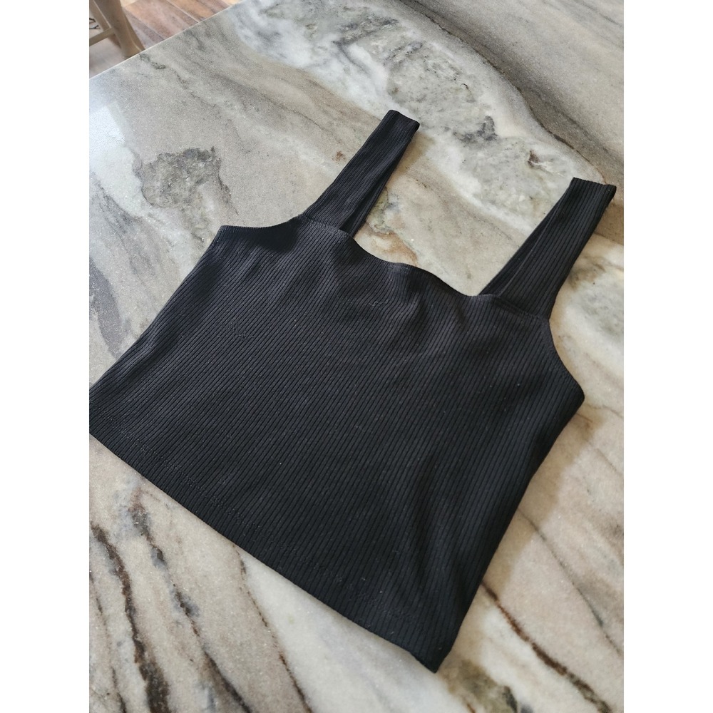 American Eagle Womens XS Black Ribbed Square Neck Cropped Tank Top Wide Strap